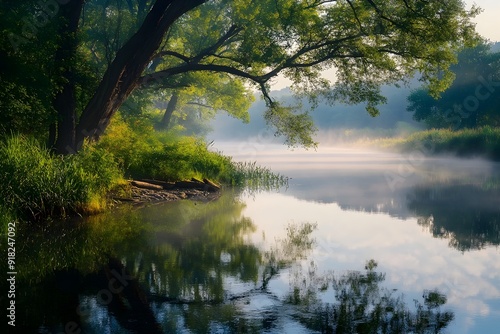 Misty Lakeside Landscape with Lush Foliage and Serene Reflection