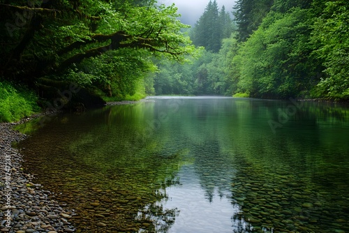 Lush Green Forest with Serene Flowing River Reflecting Scenic Landscape