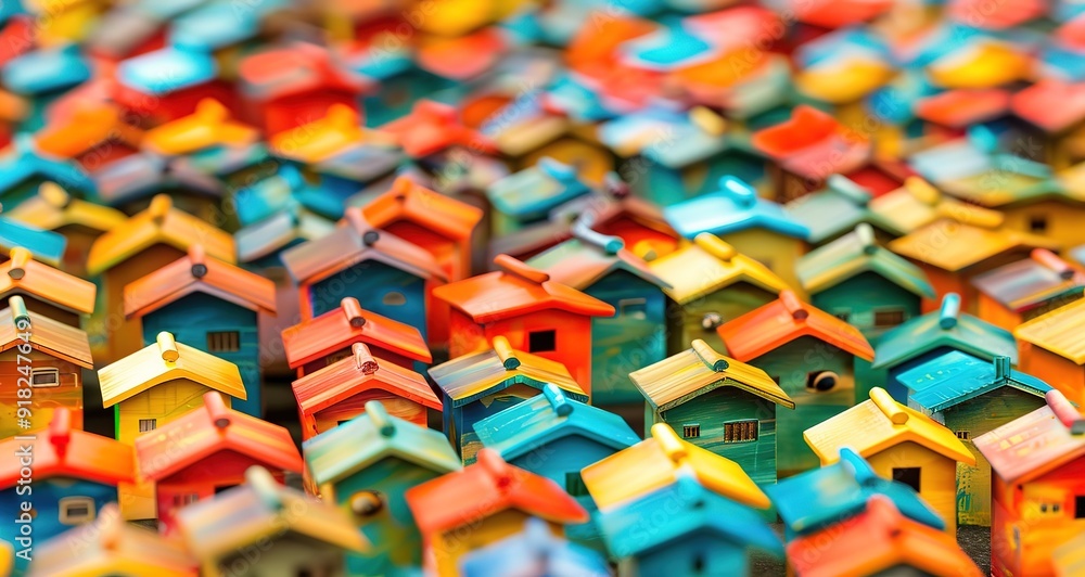 Naklejka premium A colorful close up shot of miniature houses, a creative representation of a neighborhood or community.