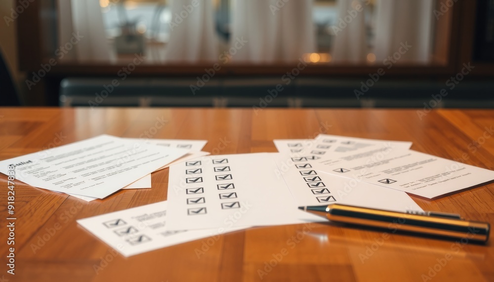 Obraz premium an elegant checklist with numerous unchecked items sprawled across a polished wooden table surrounded by a stylish new year card-inspired design adding a touch of sophisticati