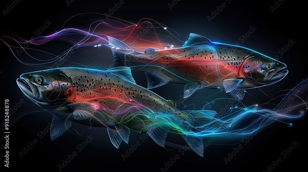 A pair of fish swimming together above a water expanse against a dark backdrop A pair of fish swimming together above a water expanse against a dark backdrop
