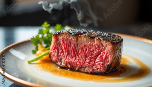 high-definition close-up of a perfectly seared wagyu steak with intricate marbling and a rich caramelized crust elegantly presented on a gold-rimmed plate with artistic veget photo