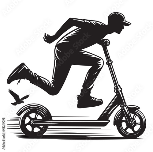 Two wheeled vehicles and riders icon, black color silhouette, white background.