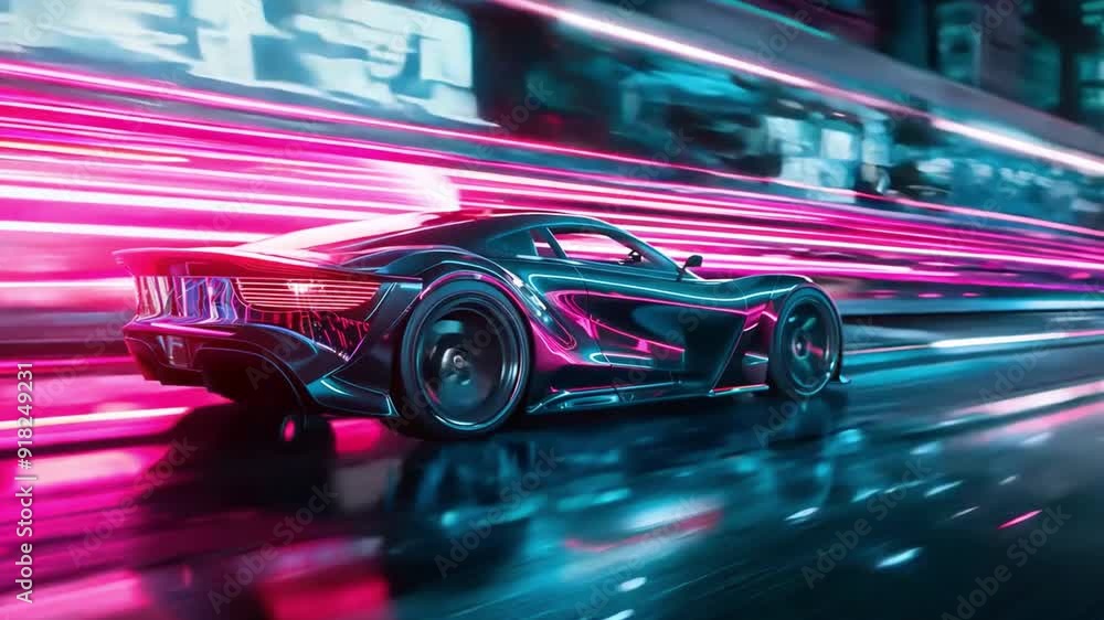 A racing car accelerates swiftly along a glowing street in a vibrant, neon city at night, creating a dynamic sense of motion A racing car accelerates swiftly along a glowing street in a vibrant, neon city at night, creating a dynamic sense of motion
