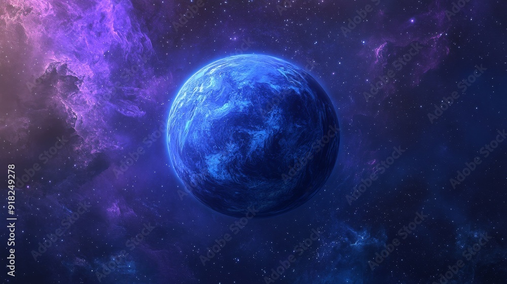 A blue planet surrounded by a purple nebula in the dark vastness of space. A blue planet surrounded by a purple nebula in the dark vastness of space.