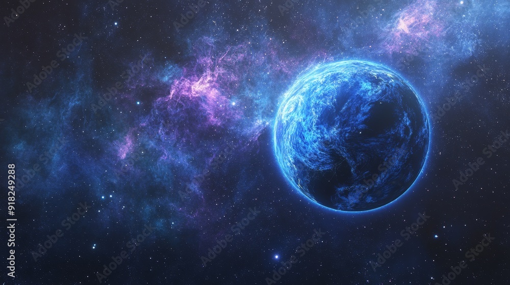 Fototapeta premium A blue planet orbits in a starry, nebula filled space.