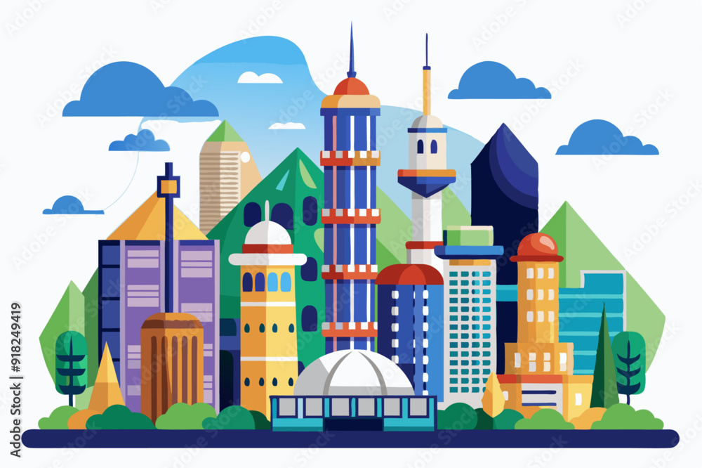 Obraz premium Colorful Cityscape with Skyscrapers and Green Spaces