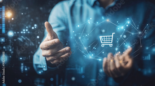 Online sales business technology concept. Digital online shopping. Digital marketing. Businessman touching growth graph and shopping cart icon on virtual screen. E-commerce marketing, Digital network 