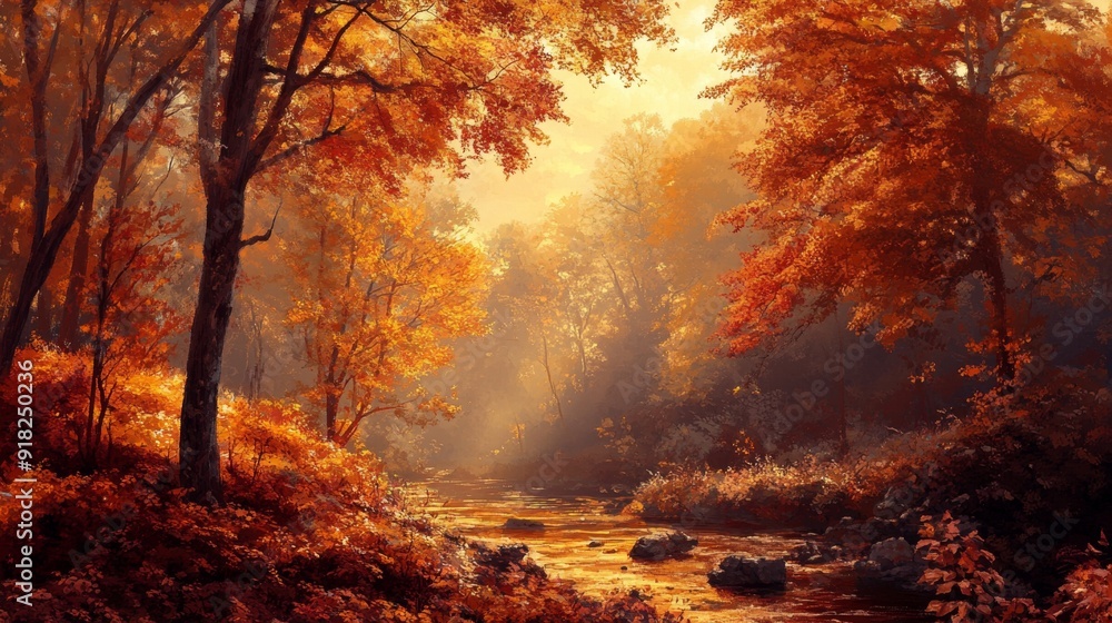 A river flows through a beautiful forest with golden leaves. A river flows through a beautiful forest with golden leaves.