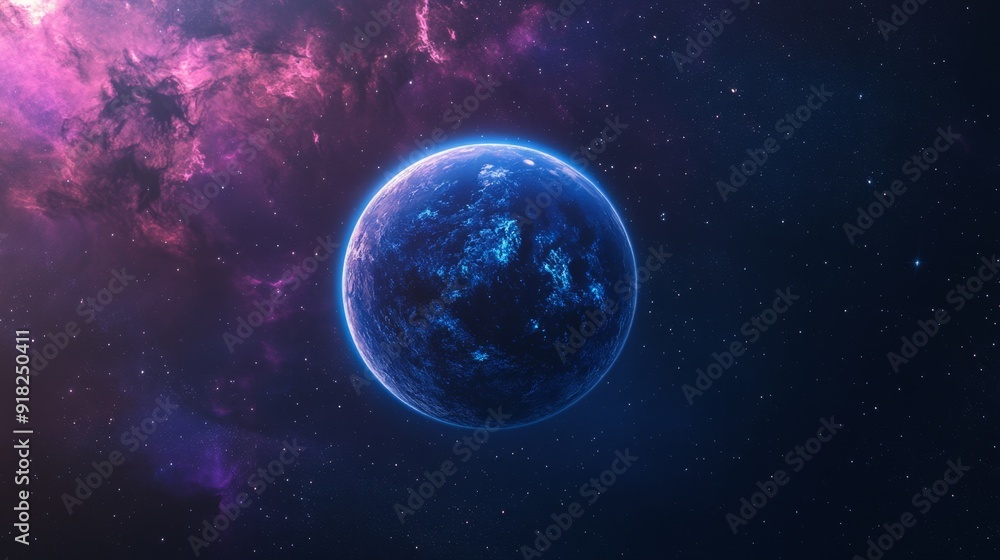 Fototapeta premium A single planet in a starry sky with nebulae in the background.