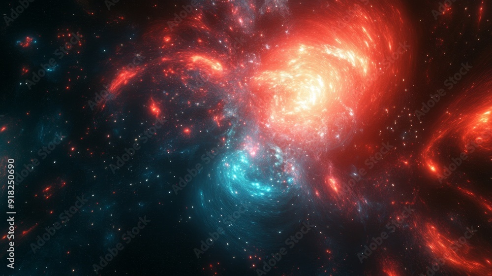 Naklejka premium A swirling nebula of red and blue in a dark space filled with stars.