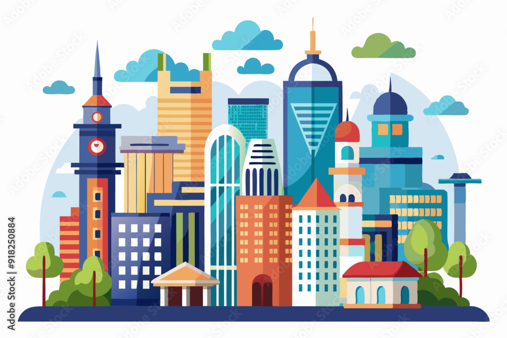 Fototapeta premium A Colorful Illustration of a City Skyline with Buildings, Trees, and Clouds