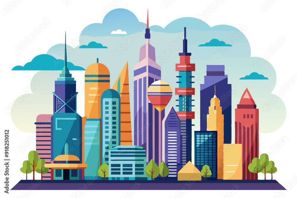 Obraz premium Colorful Cityscape with Skyscrapers and Clouds