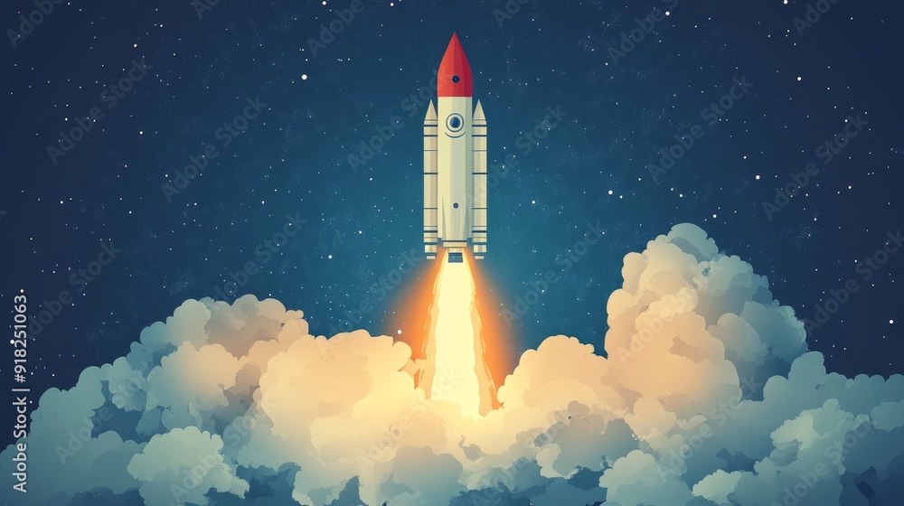Naklejka premium Rocket Launch into the Night Sky - A white rocket with a red tip blasts off into the night sky, leaving behind a trail of fiery exhaust and clouds. The image symbolizes progress, ambition, and the pur