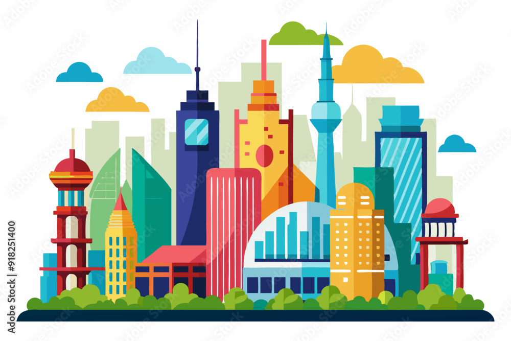 Fototapeta premium Colorful cityscape with skyscrapers, clouds, and trees