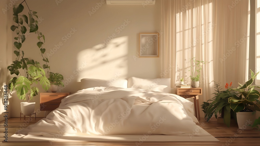 Fototapeta premium Minimalist bedroom design with natural light, featuring potted plants and neutral color palette