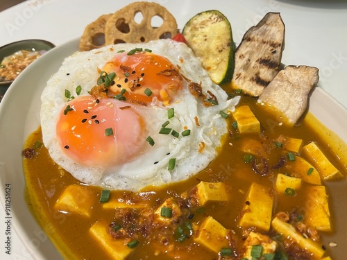 Tofu and Mushroom Curry sauce with fried vegetable and soft fried egg photo