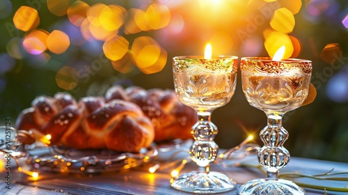 two shabbat candles on a table, near HALLA bread daylight photo