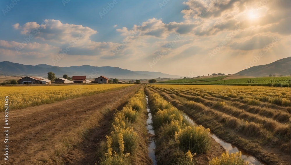 Agricultural landscape under a partly cloudy sky. A dirt road runs through the middle of the fields, with irrigation ditches alongside. The sun is low, casting a warm glow over the scene Agricultural landscape under a partly cloudy sky. A dirt road runs through the middle of the fields, with irrigation ditches alongside. The sun is low, casting a warm glow over the scene