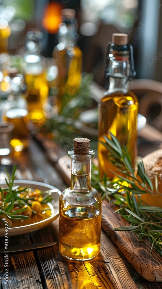 Luxurious Dining Table with Infused Olive Oil Bottles and Gourmet Dishes Luxurious Dining Table with Infused Olive Oil Bottles and Gourmet Dishes