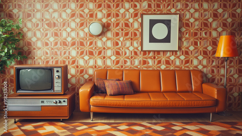 A retro-style living room with a brown leather sofa, vibrant orange and brown geometric patterned wallpaper, an old-fashioned TV set, and a vintage lamp, evoking a 1970s aesthetic