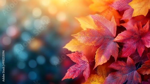 Close-up of vibrant red and yellow autumn leaves with blurred bokeh background.