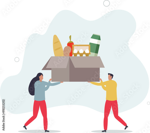 Humanitarian aid Charity concept.volunteers hold box with grocery products to help and support injured people.flat design with people.