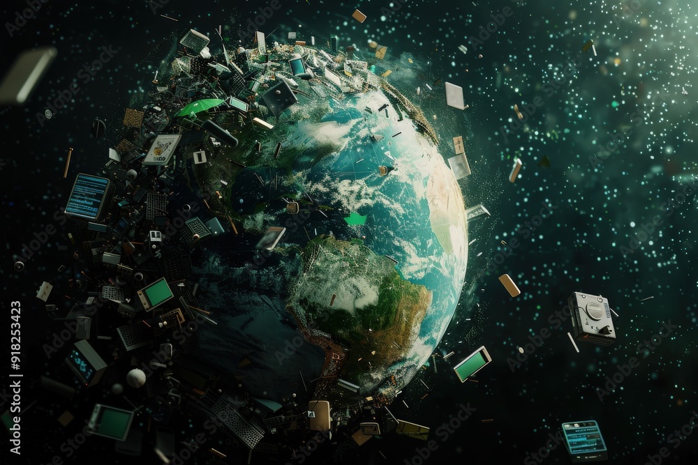 Obraz premium Planet Earth surrounded by a dense cloud of orbiting electronic waste and space debris in the dark void of outer space.