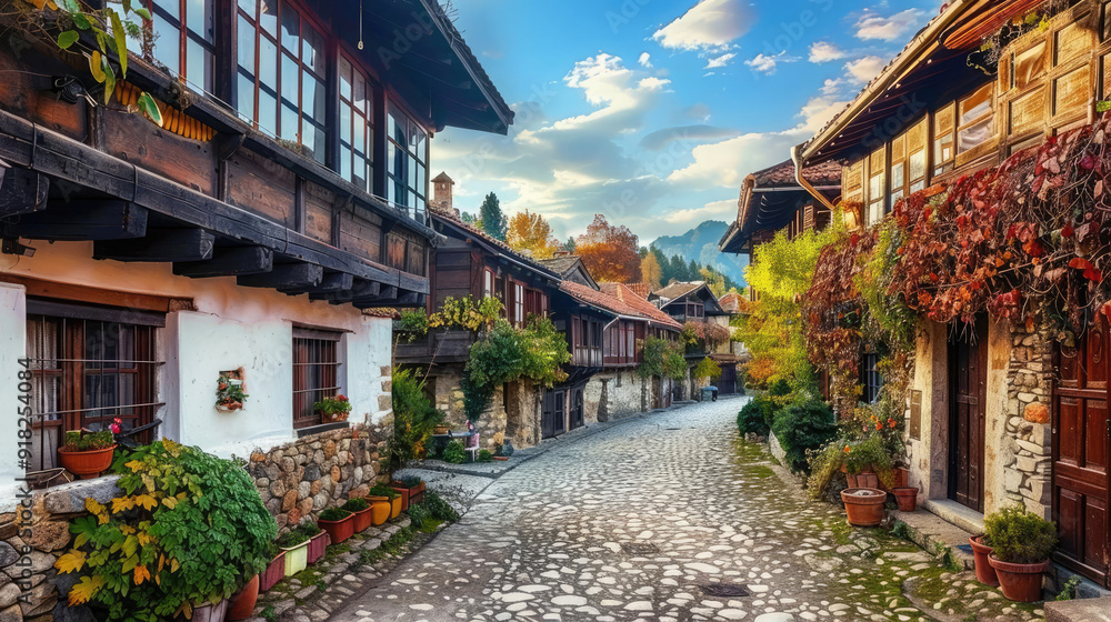 Charming cobblestone street lined with traditional homes and vibrant flowers under a picturesque sky. Charming cobblestone street lined with traditional homes and vibrant flowers under a picturesque sky.