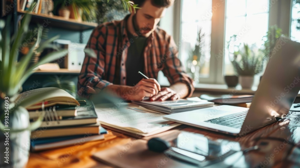 A focused man working at a cozy desk, writing notes with a laptop and plants, embodying a productive home office environment. A focused man working at a cozy desk, writing notes with a laptop and plants, embodying a productive home office environment.