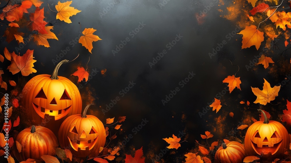Spooky Halloween Background with Jack-o-Lanterns and Autumn Leaves - A festive Halloween background featuring three jack-o-lanterns with glowing faces surrounded by falling autumn leaves, creating a s
