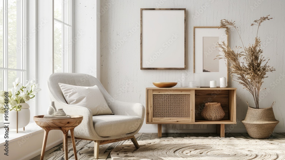 Chic living room setup with beige armchair, poster frame, pillow, carpet, coffee table, and decorated commode. Chic living room setup with beige armchair, poster frame, pillow, carpet, coffee table, and decorated commode.