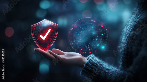 Virtual screen with a shield and check mark icon of personal protective equipment. Technology futuristic digital marketing. Financial protection, health insurance or business safety. Modern technology