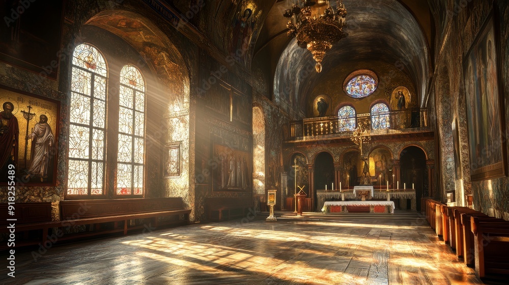 Obraz premium Sunlight Streaming Through Stained Glass Windows in a Cathedral Interior - A beautiful cathedral interior with sunlight streaming through stained glass windows, casting a warm glow on the wooden pews