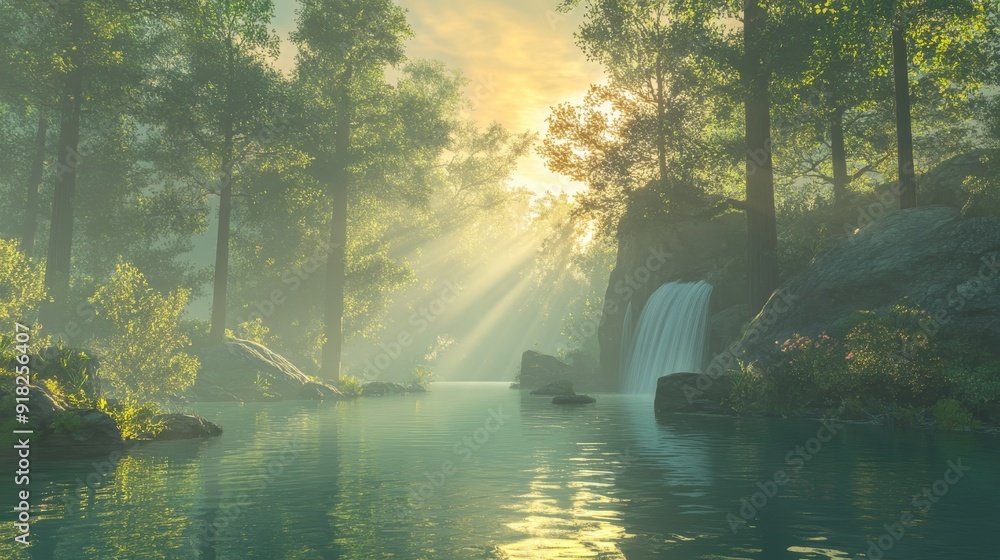 Obraz premium Tranquil Forest Waterfall and Stream at Sunset - A serene scene of a waterfall cascading into a still, clear river, surrounded by lush greenery and bathed in the golden light of sunset. The mist adds
