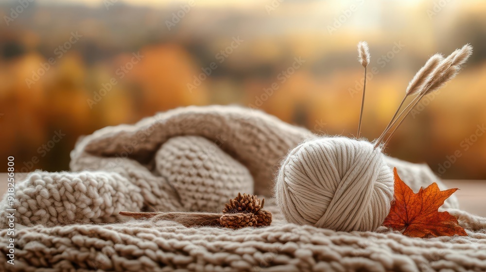 Cozy fall knitting, creative process, warm and inviting, relaxing Cozy fall knitting, creative process, warm and inviting, relaxing