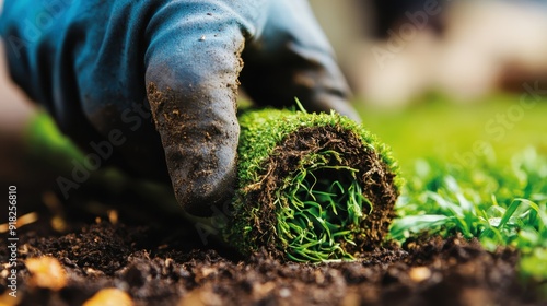 An image displaying a worker's gloved hands meticulously installing a green sod roll onto ground soil, emphasizing effort and dedication in gardening and landscaping. photo