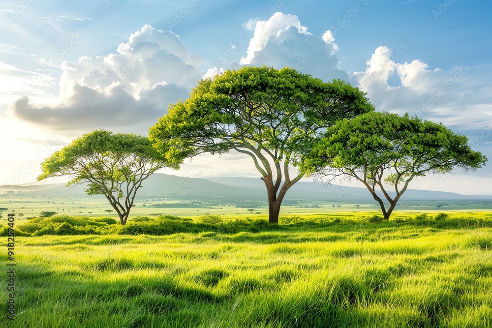 Three lush green trees standing in a vast, sunny meadow under a vibrant blue sky with scattered clouds, capturing the beauty of nature. Three lush green trees standing in a vast, sunny meadow under a vibrant blue sky with scattered clouds, capturing the beauty of nature.