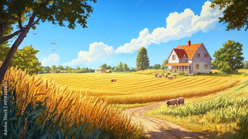rural scene with a charming farmhouse, grazing livestock, and a field of golden crops under a clear blue sky rural scene with a charming farmhouse, grazing livestock, and a field of golden crops under a clear blue sky