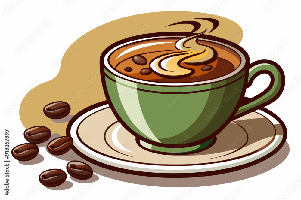 Obraz premium Green Cup of Coffee with Steam and Coffee Beans