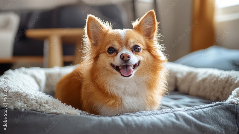 Charming small dog smiling on a cozy bed in a specialized pet hotel environment, Generative AI, pet comfort concept Charming small dog smiling on a cozy bed in a specialized pet hotel environment, Generative AI, pet comfort concept
