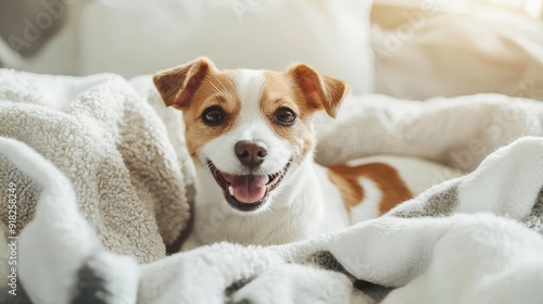 Charming small dog smiling on a cozy bed in a specialized pet hotel environment, Generative AI, pet comfort concept