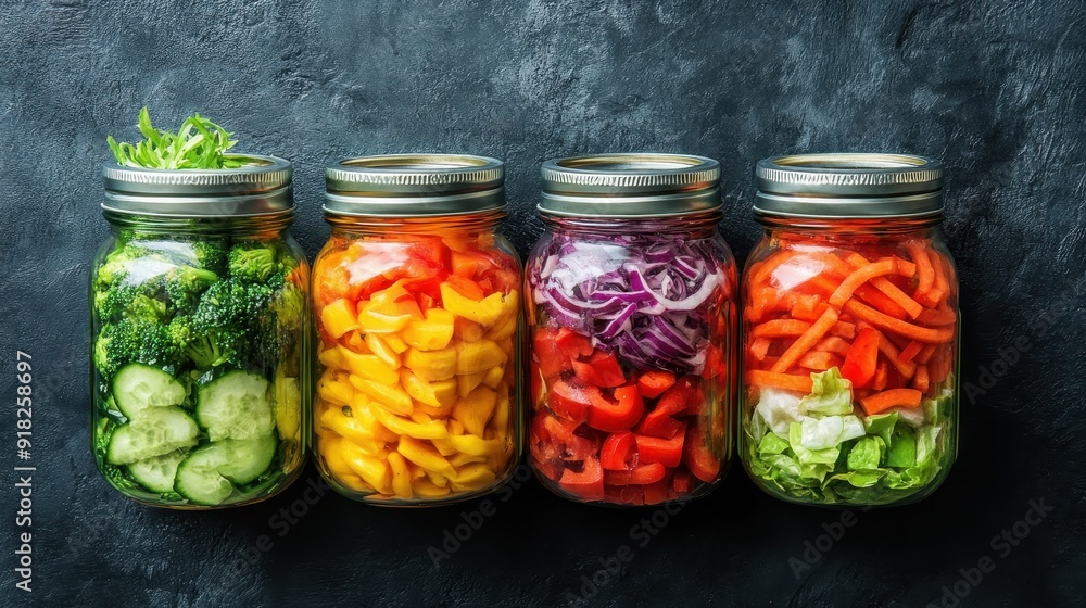 Four jars of vegetables are lined up on a counter Four jars of vegetables are lined up on a counter