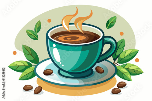 A steaming cup of coffee with coffee beans and leaves