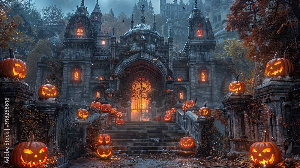 Fantasy castle courtyard adorned with grandiose jack-o'-lanterns, guarded by stone gargoyles Fantasy castle courtyard adorned with grandiose jack-o'-lanterns, guarded by stone gargoyles