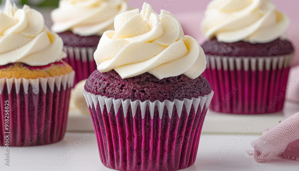 Deep berry-colored cupcakes with cream cheese frosting, food and drink, sweet treats Deep berry-colored cupcakes with cream cheese frosting, food and drink, sweet treats