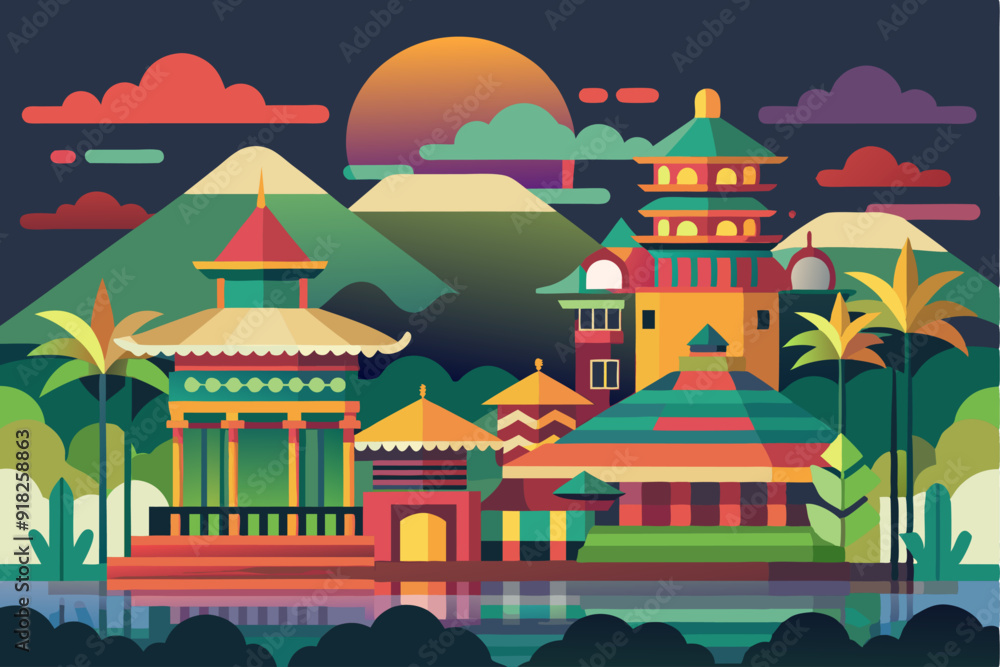 Fototapeta premium A Colorful, Stylized Landscape with Temples, Mountains, and Palm Trees