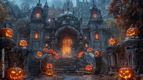 Fantasy castle courtyard adorned with grandiose jack-o'-lanterns, guarded by stone gargoyles