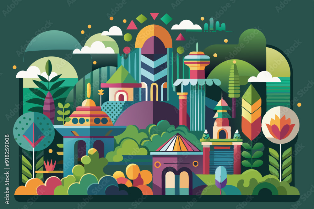 Fototapeta premium Colorful Geometric Cityscape with Lush Greenery and Buildings