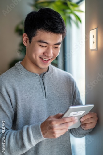 Young Asian man turning on the lights of his modern home automation with a latest technology tablet